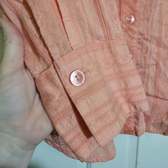 Coldwater Creek Women’s Shirt XL Peach Melon Textured Floral Stripes 3/4 Blouse - Picture 4 of 10